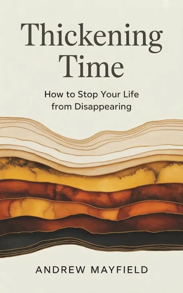 Thickening Time book cover — layered strata in cream, gold, amber, and charcoal